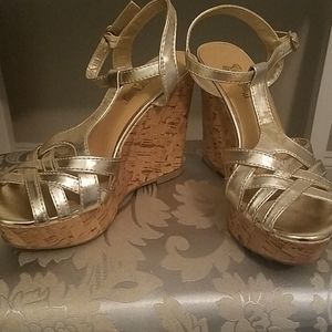 beautiful metallic gold/taupe strappy cork wedges